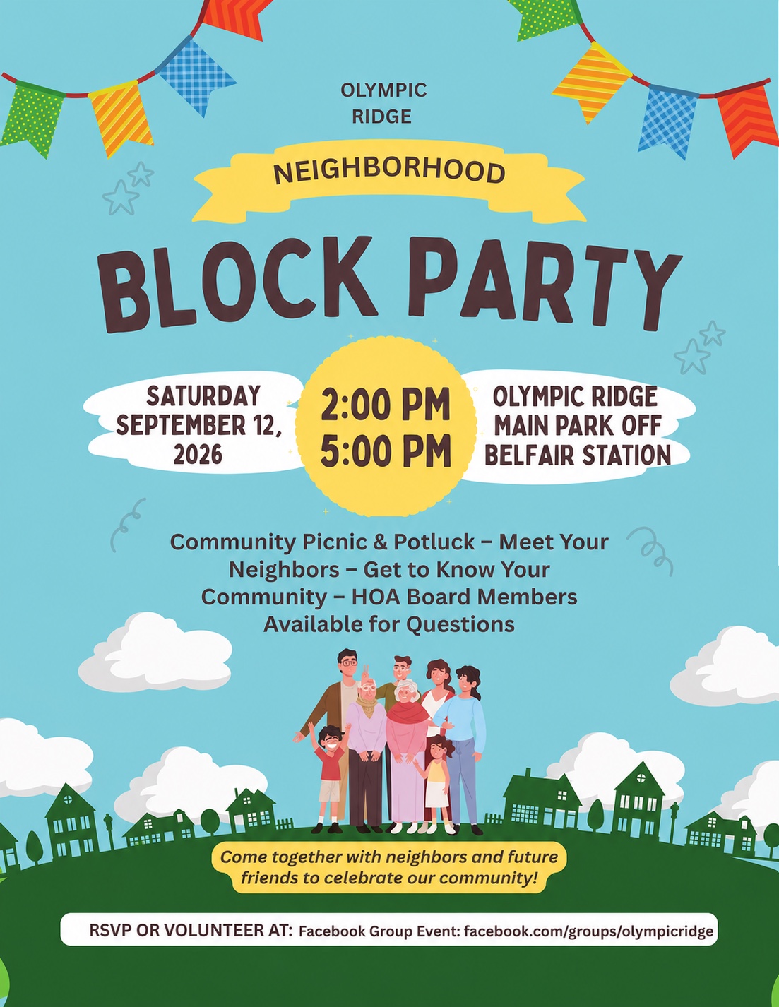 Olympic Ridge Neighborhood Block Party flyer: Saturday, September 12, 2026, 2:00 PM to 5:00 PM at the Olympic Ridge main park off Belfair Station. Community picnic and potluck, meet your neighbors, get to know your community, HOA Board members available for questions.